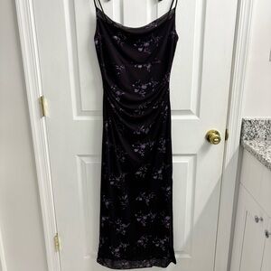 Y2K Whimsigoth Midi Dress Dark Purple Floral Glitter Fairy Ruched Babydoll